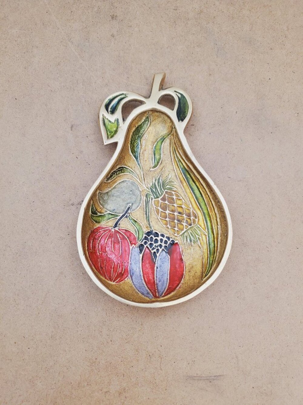 Vintage Brass and Enamel Trinket Dishes-Enameled Brass Pear Brass//lay